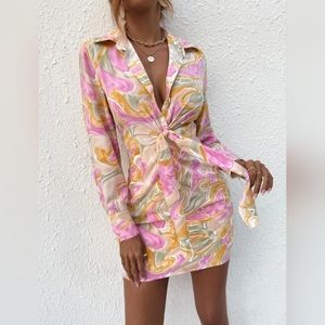 Printed Shirt Dress With Front Knot NEW SIZE M
